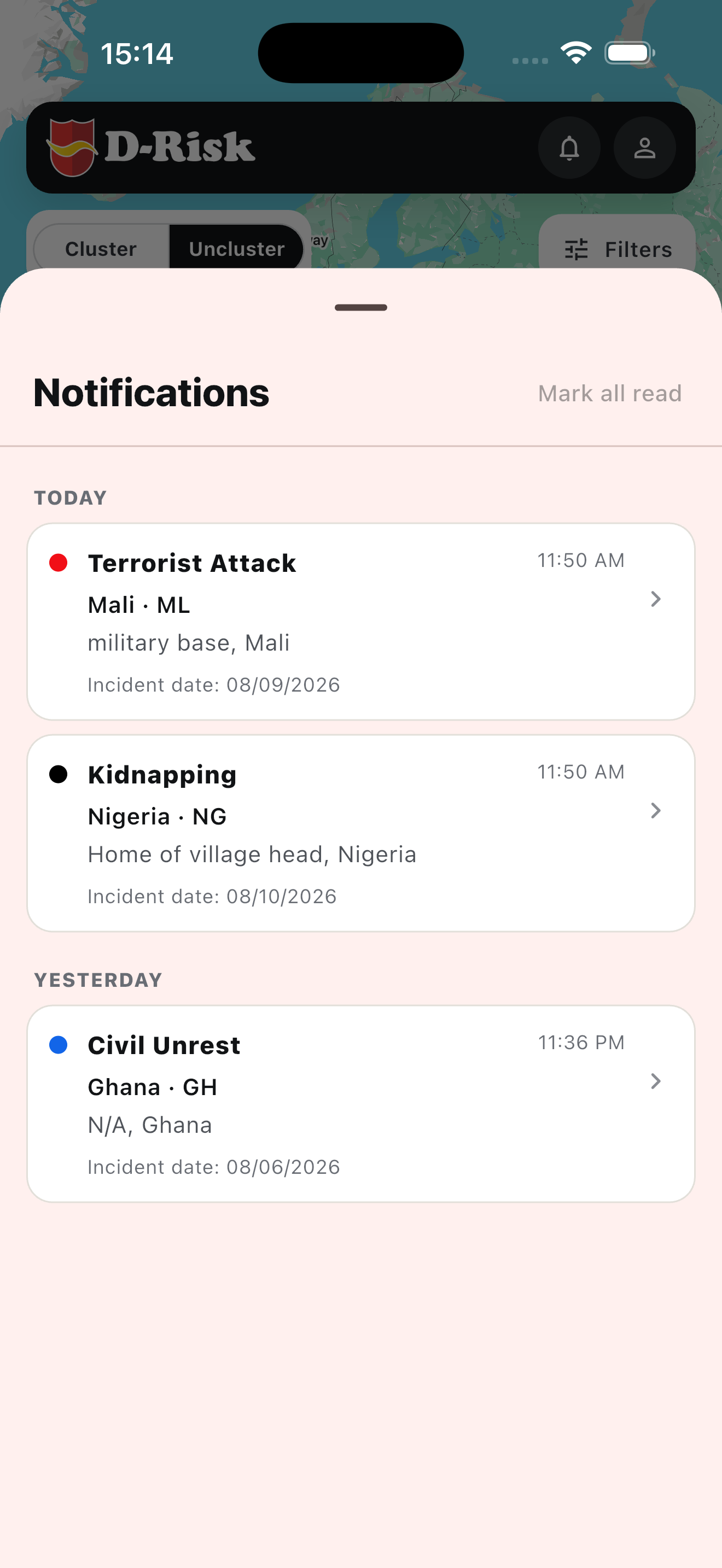 D-Risk notification centre listing recent authorised security alerts