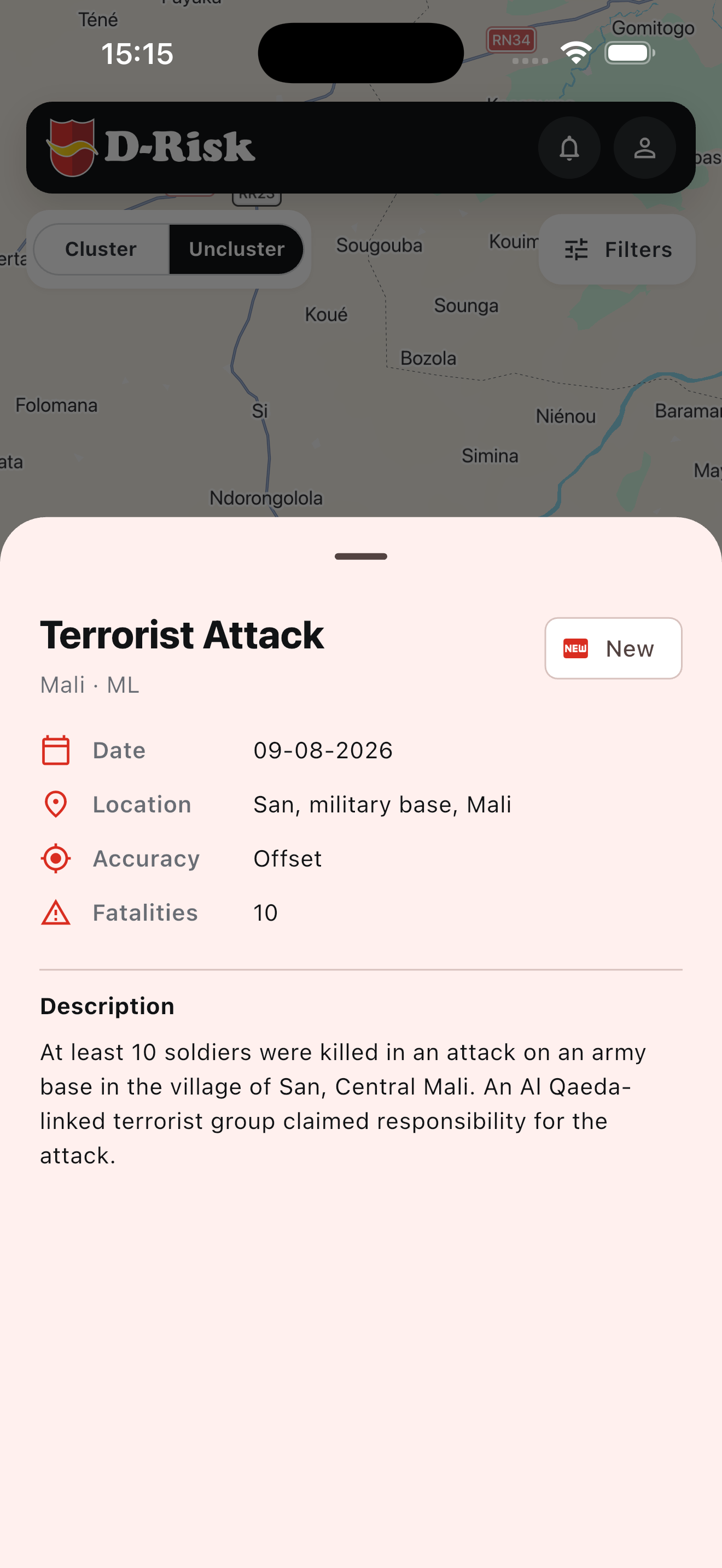 D-Risk incident detail view showing authorised incident information