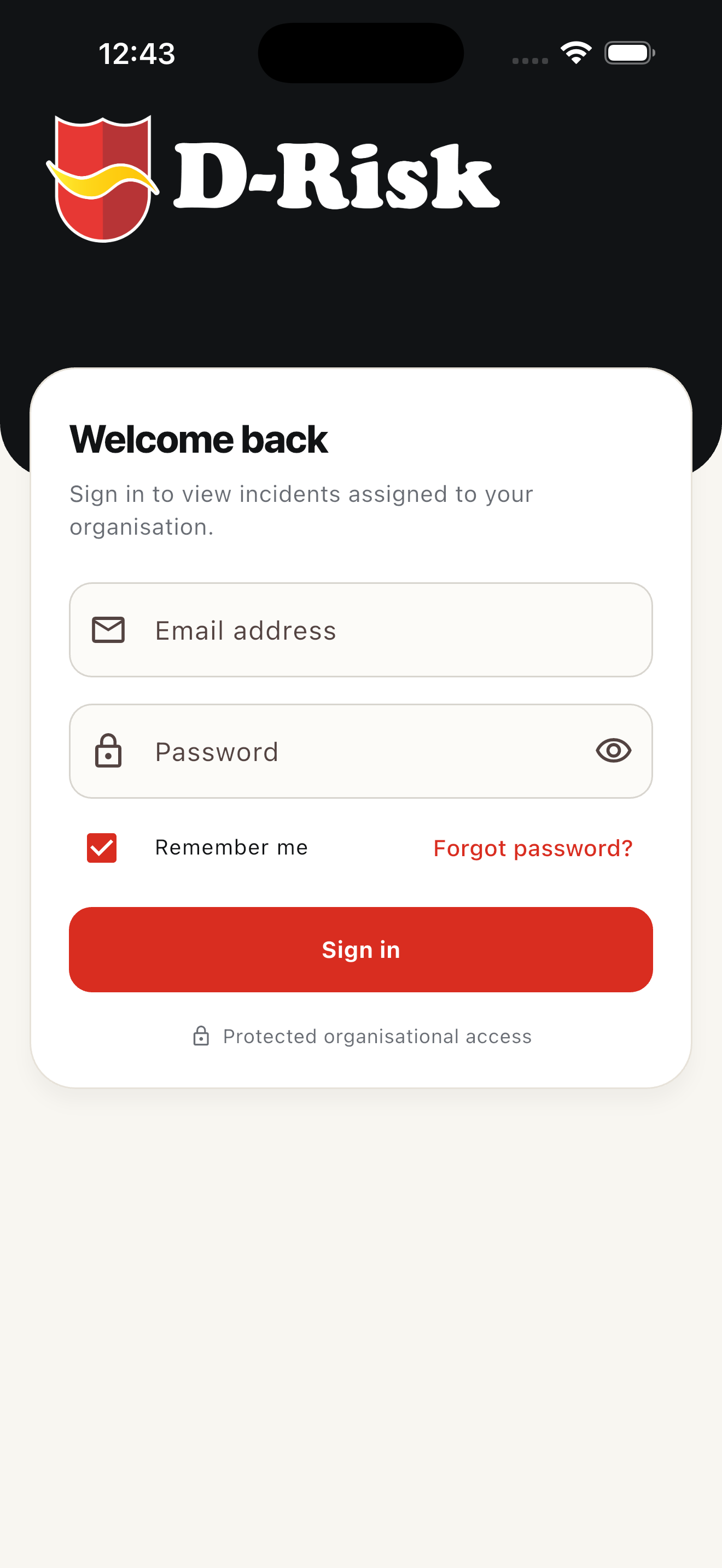 Secure D-Risk mobile account sign-in screen